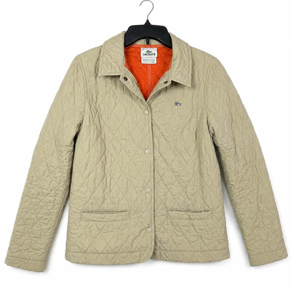 Lacoste Women's Quilted Snap-Button Barn Jacket, Beige with Orange Lining